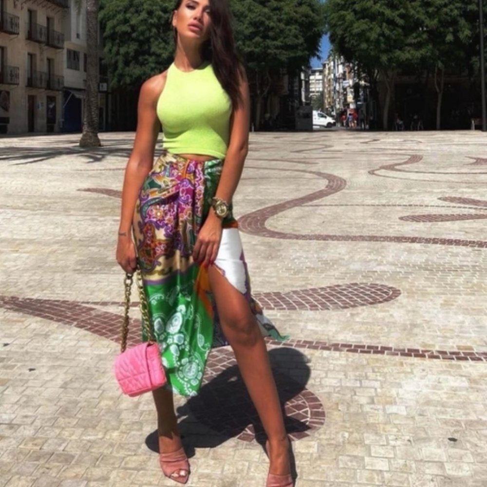 Zara Printed High Waisted Skirt With Knot Pareo MIDI Green Paisley Small - Picture 2 of 9
